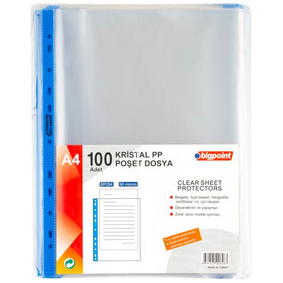 Bigpoint Poşet Dosya Mavi Şeritli Kristal 90 Mikron 100’lü Paket
