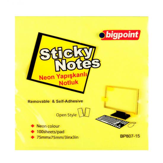 Bigpoint Yapışkanlı Not Kağıdı 75x75mm Neon Sarı