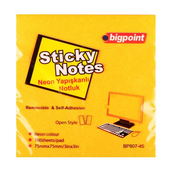 Bigpoint Yapışkanlı Not Kağıdı 75x75mm Neon Turuncu